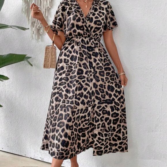 SHEIN Women's Plus Size Leopard V-neck Short Sleeve Maxi Dress 2XL - Picture 1 of 7